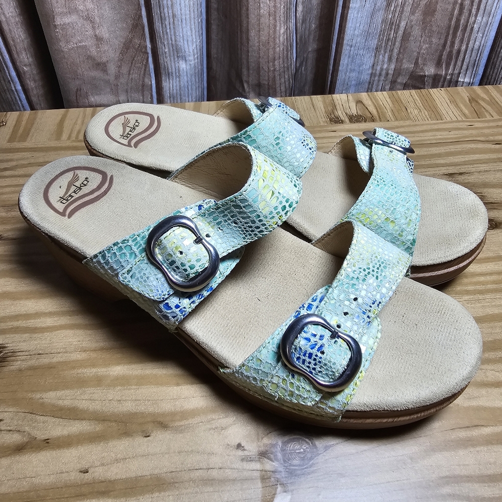 Dansko Blue Green Reptile Print Double Strap Clog Slide Sandals Sz 10